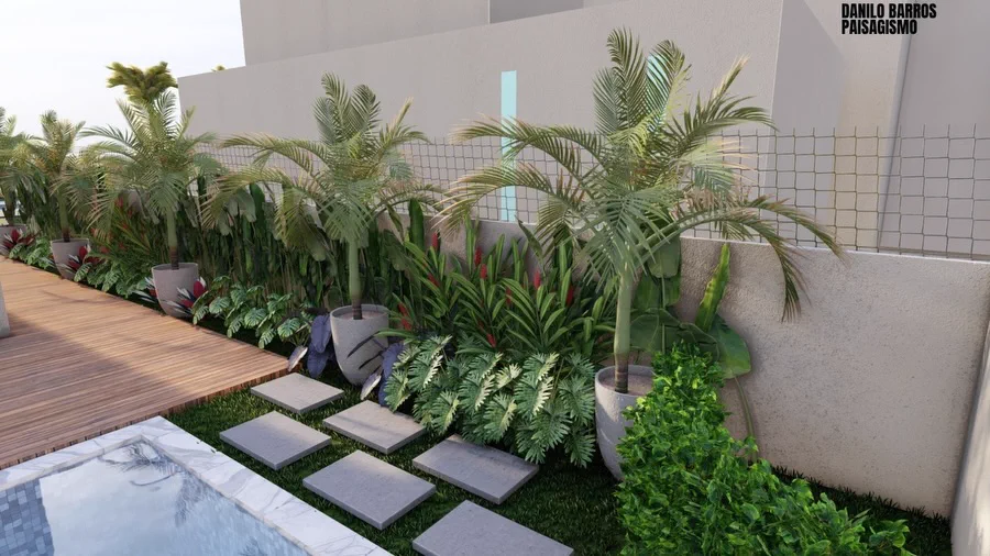 Render 3D de jardim tropical com palmeiras à beira da piscina