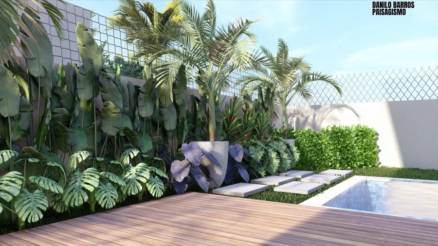 Render 3D de jardim com palmeiras e deck de madeira junto à piscina