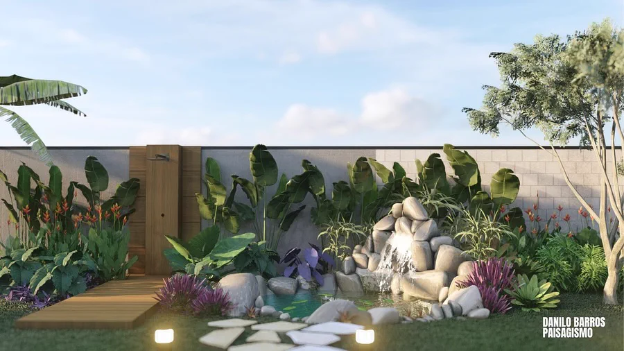 Render 3D de jardim com fonte de pedras e portão de entrada em madeira