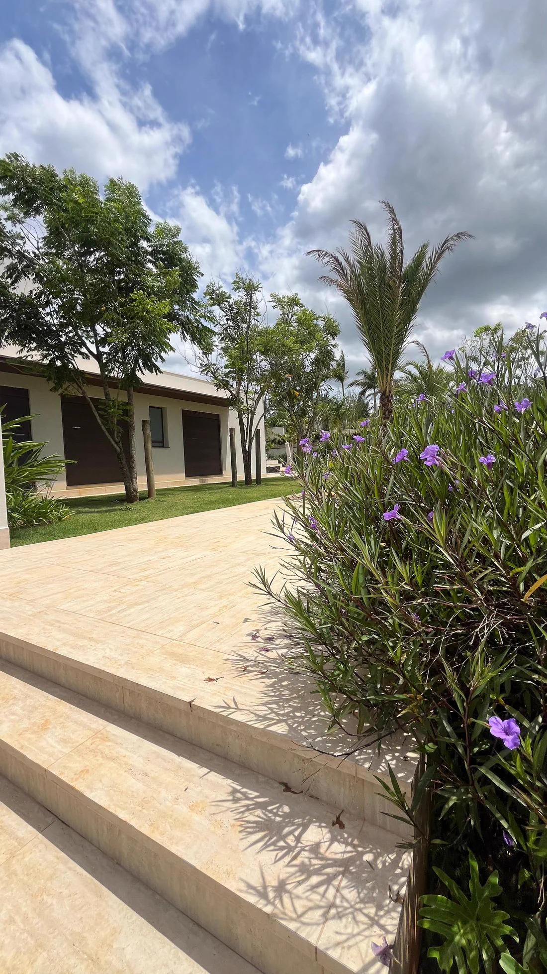 Escadaria de pedra com jardim de flores roxas na entrada da residência