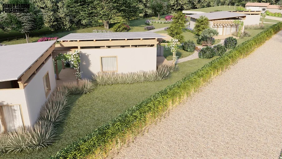 Render 3D aéreo de paisagismo entre residências de condomínio