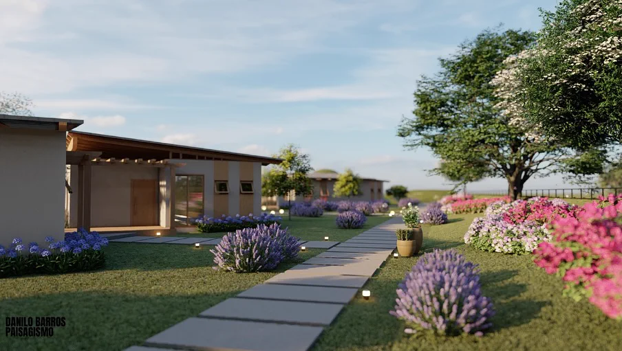 Render 3D de caminho florido com lavandas entre residências