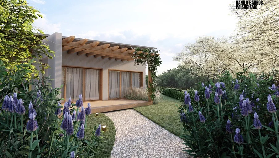 Render 3D de pérgola com jardim de lavandas na entrada da residência
